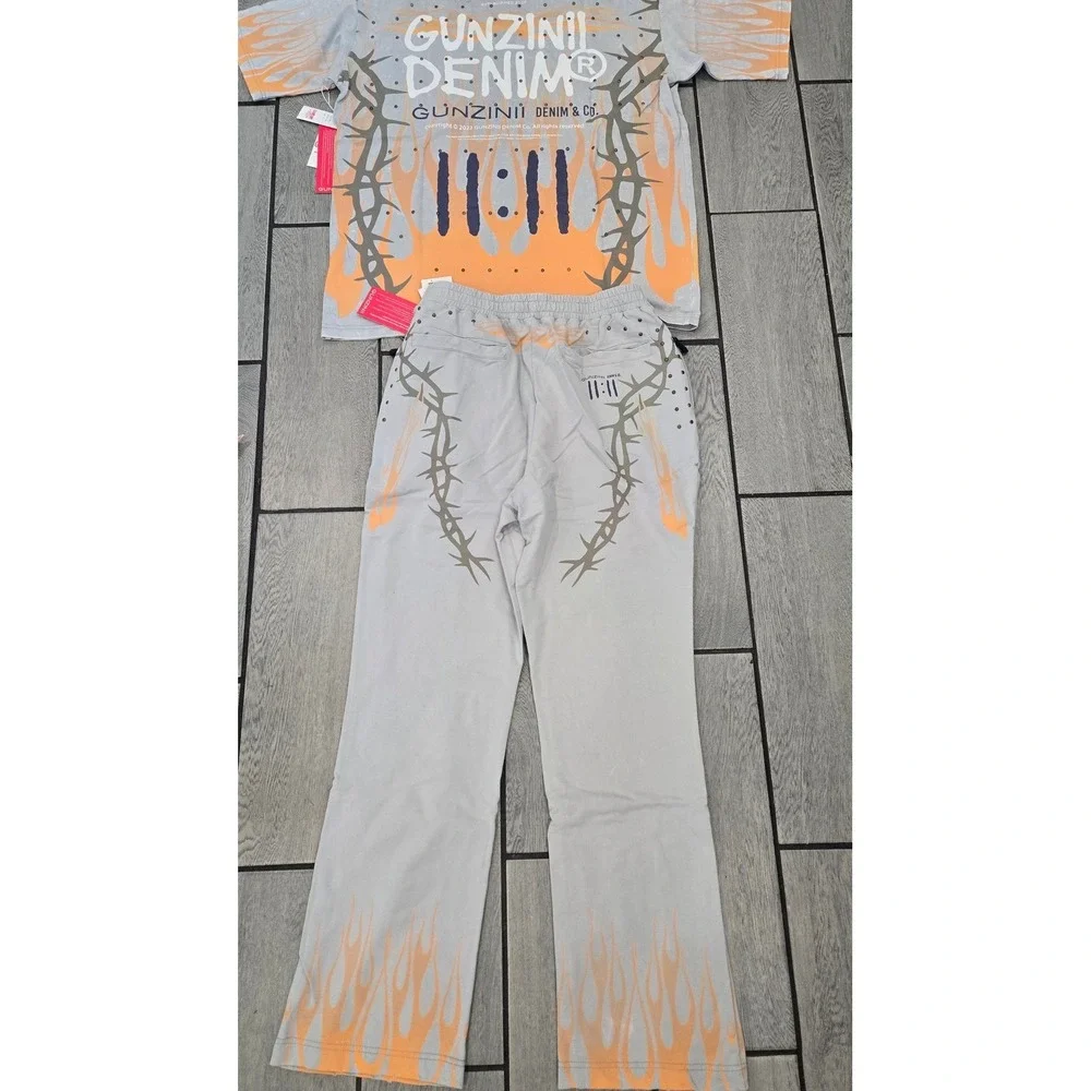 Gunzinii Denim Co 2XL Grey Orange Flame 11:11 Graphic T-Shirt Sweatpants Set